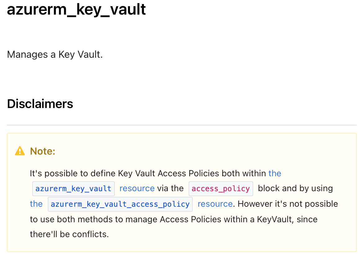 Screenshot of Key Vault warning of Access Policies